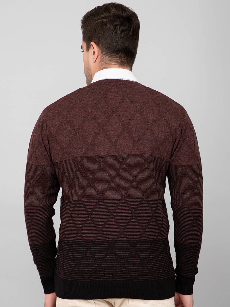 Coffee Woolen V-Neck Pullover Sweater for Men - GODFREY